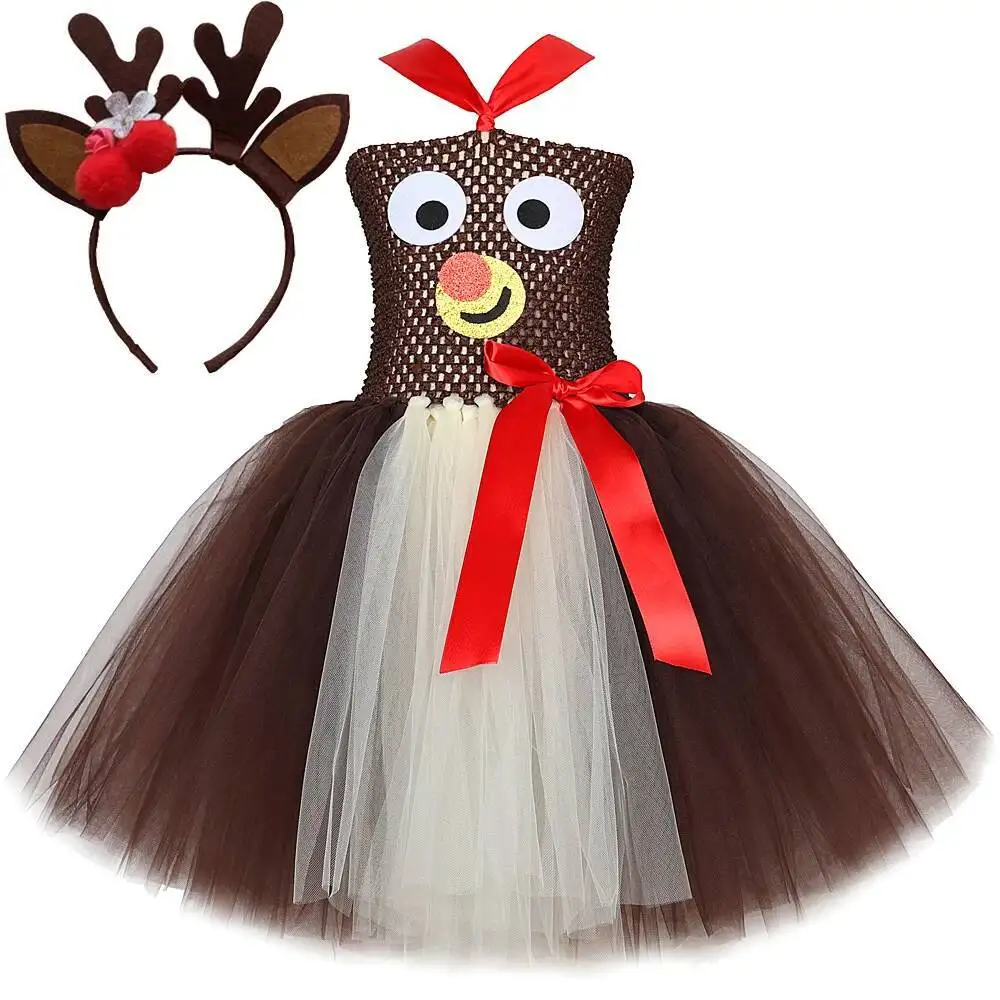 Girls Christmas Reindeer Tutu Dress Set, Xmas Holiday Fancy Costume with Antler Headband, Kids New Year Carnival Party Outfit
