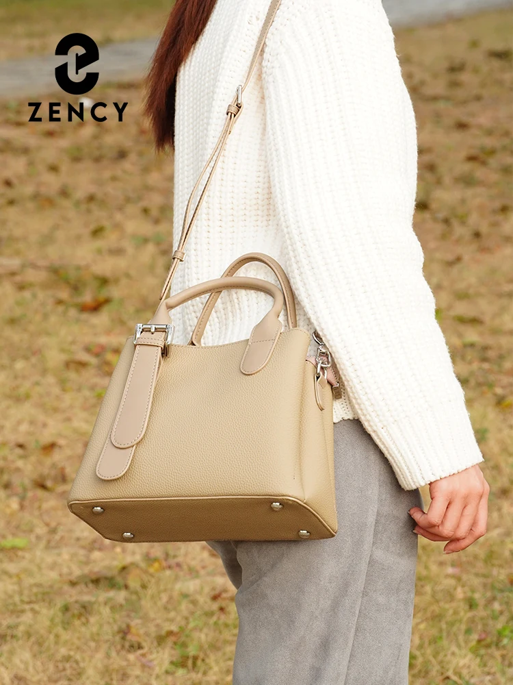 Zency Genuine Leather Women Simple Fashion Leather Crossbody Handbag Shoulder Bucket Bag Multi-compartment For Lover's Gift