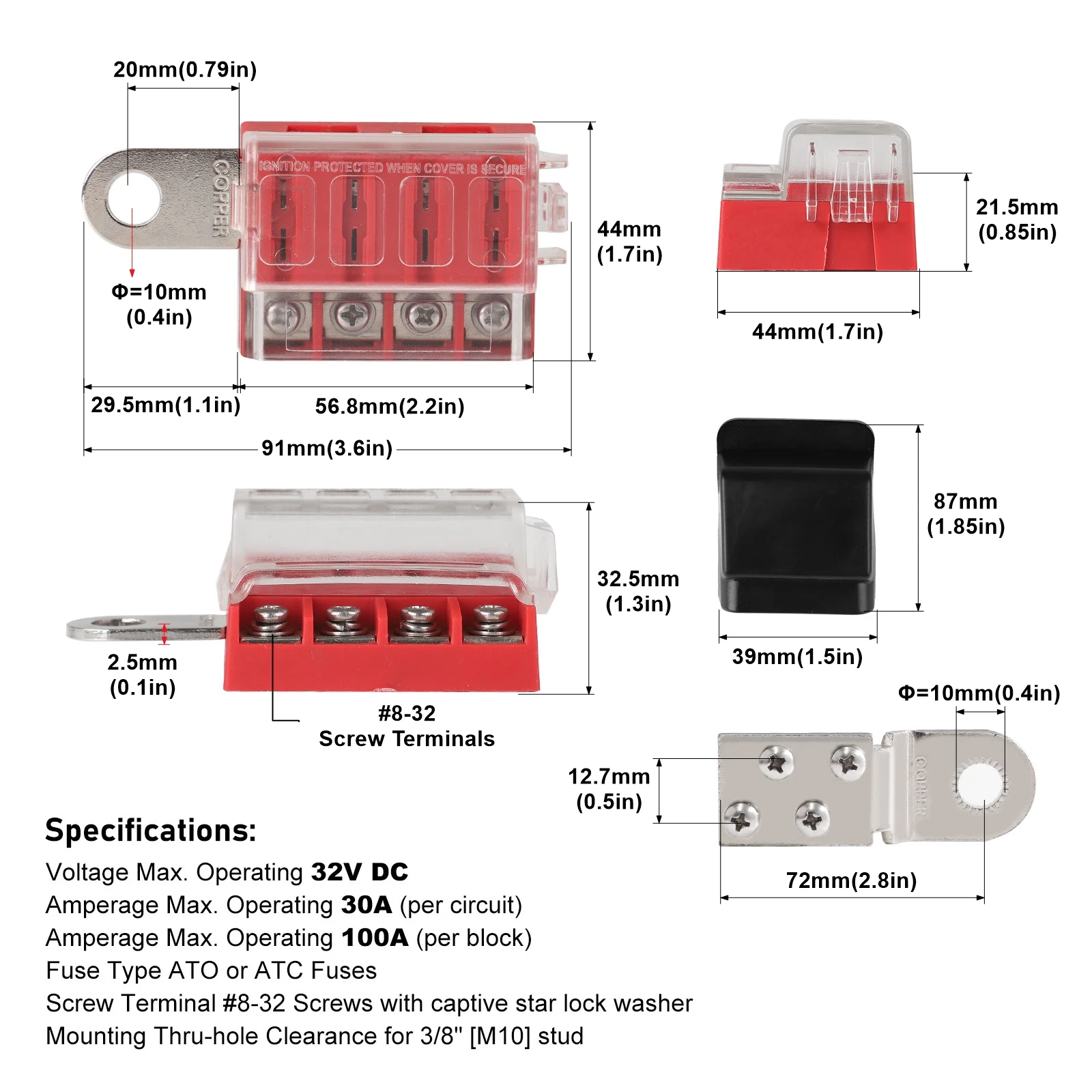 100A 32V  For Car Yacht Truck 4 Circuit Kit  ST Blade Fuse Block Battery Terminal Mount Busbar Boating Equipment