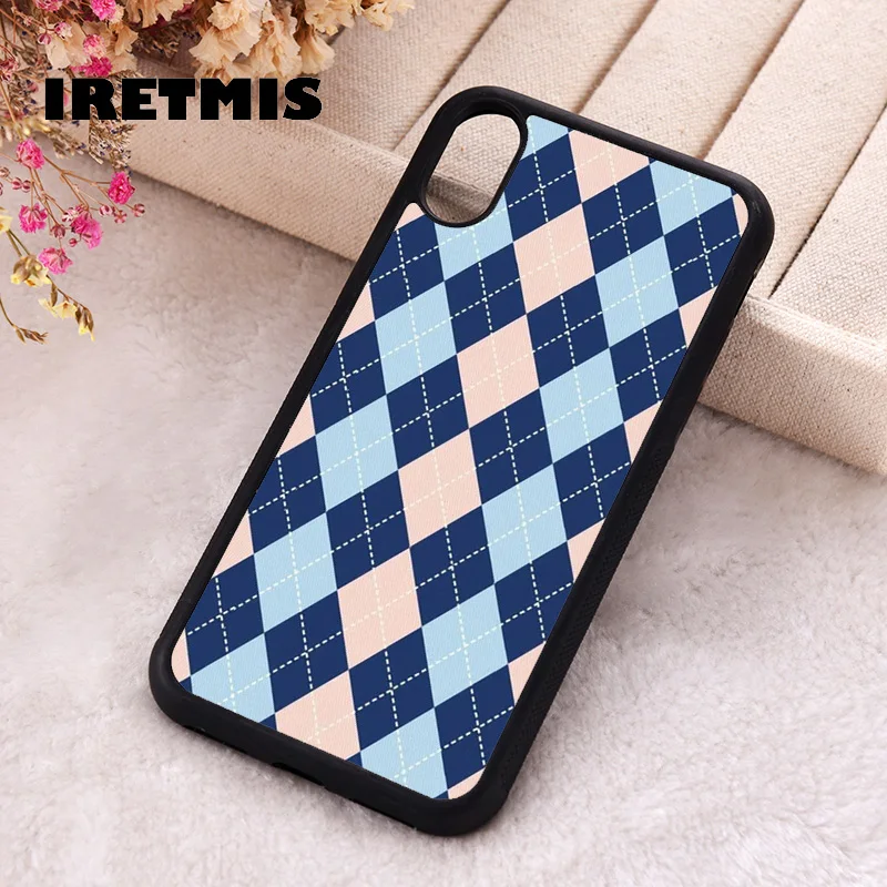 Iretmis Phone Cover Case For iPhone X XS Max XR 11 12 13 PRO MINI 14 15 16 Plus Rubber Silicone Plaid Checked Blue Pink