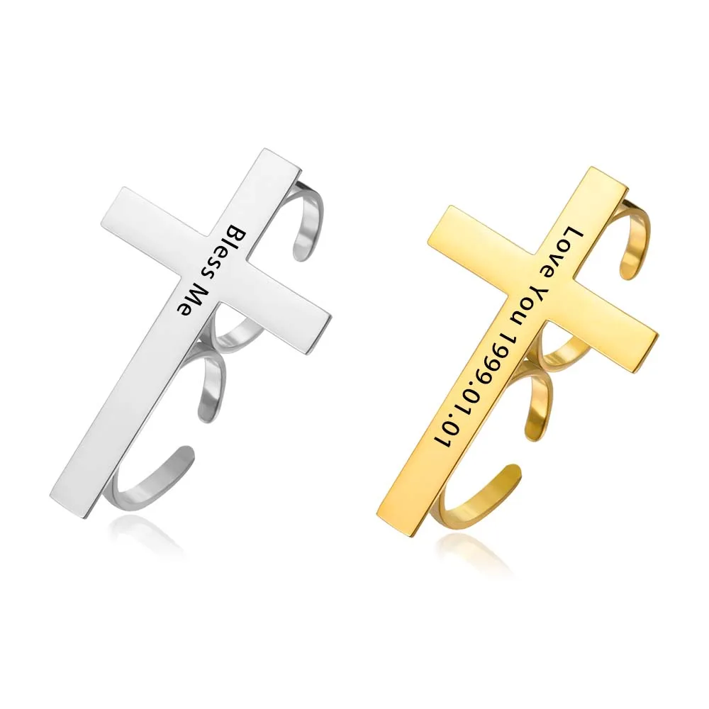 Cross Personalized Name Finger Ring Custom Gift For Woman Men Gold Color Stainless Steel Jesus Christian Amulet Talisman Jewelry