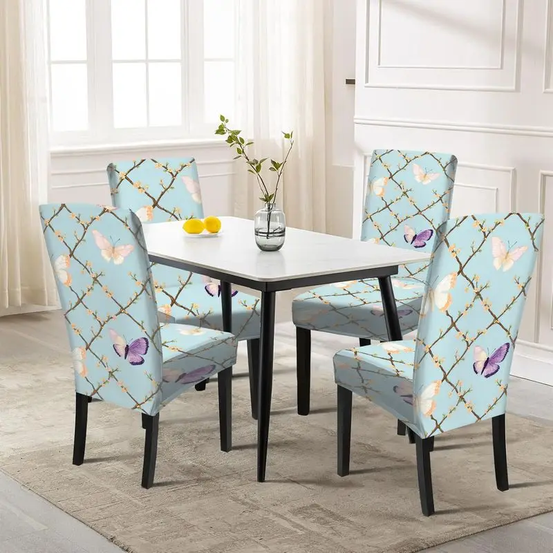 

Эластичный чехол для обеденного стула с узором в виде цветов и растений, абрикосовых цветов и разноцветных бабочек.