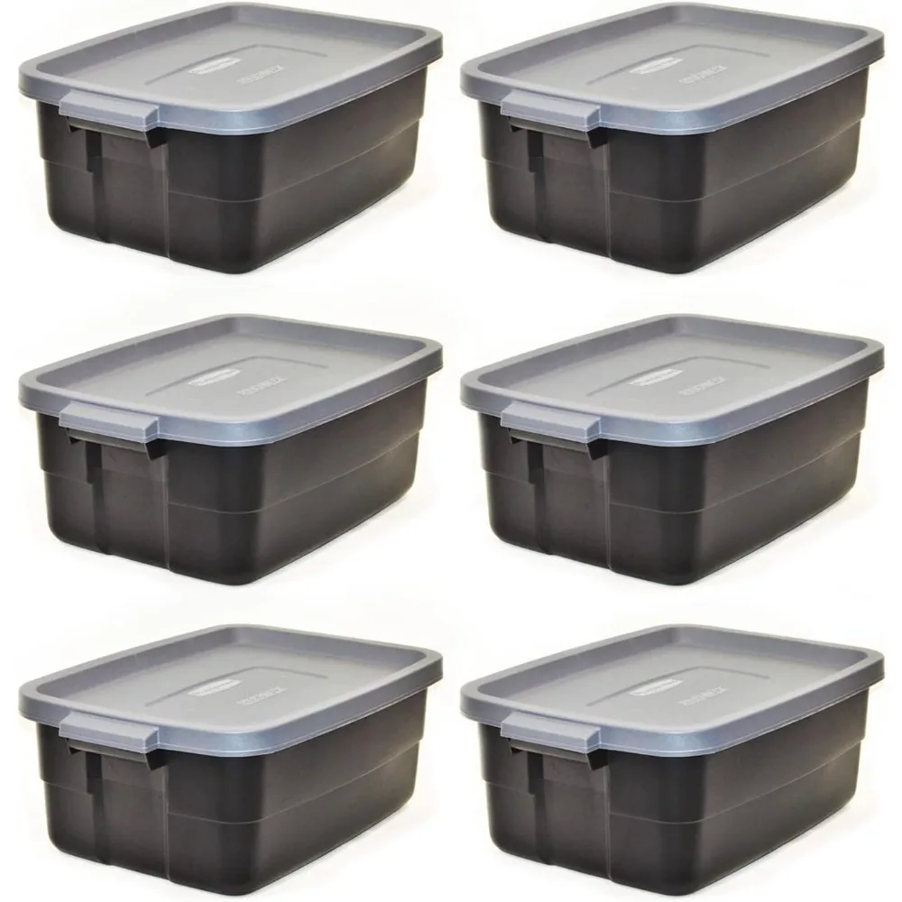 

Rubbermaid Roughneck Tote 3 Gallon Stackable Storage Container with Cool Gray Stay Tight Lid and Easy Carry Handles, Black, 6 Pa