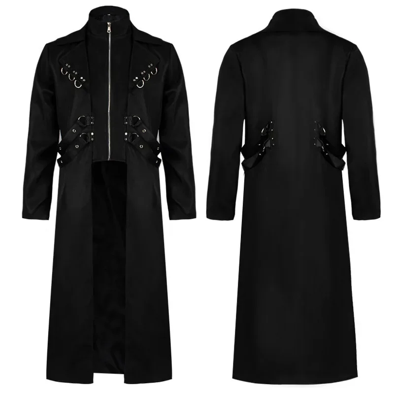 

New Adult Men's Vintage Black Long Split Jacket Gothic Armor Leather Coats Medieval Steampunk Assassin Elves Pirate Costume