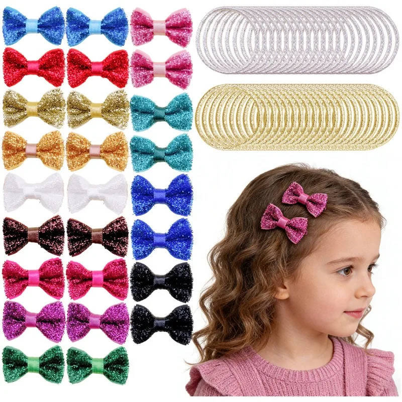 

66pcs Glitter Bow Hair Clips & Hair Ties Sets Trendy Playful Accessory Stylish Sparkly New Headwear For Girls Daily Hairstyles