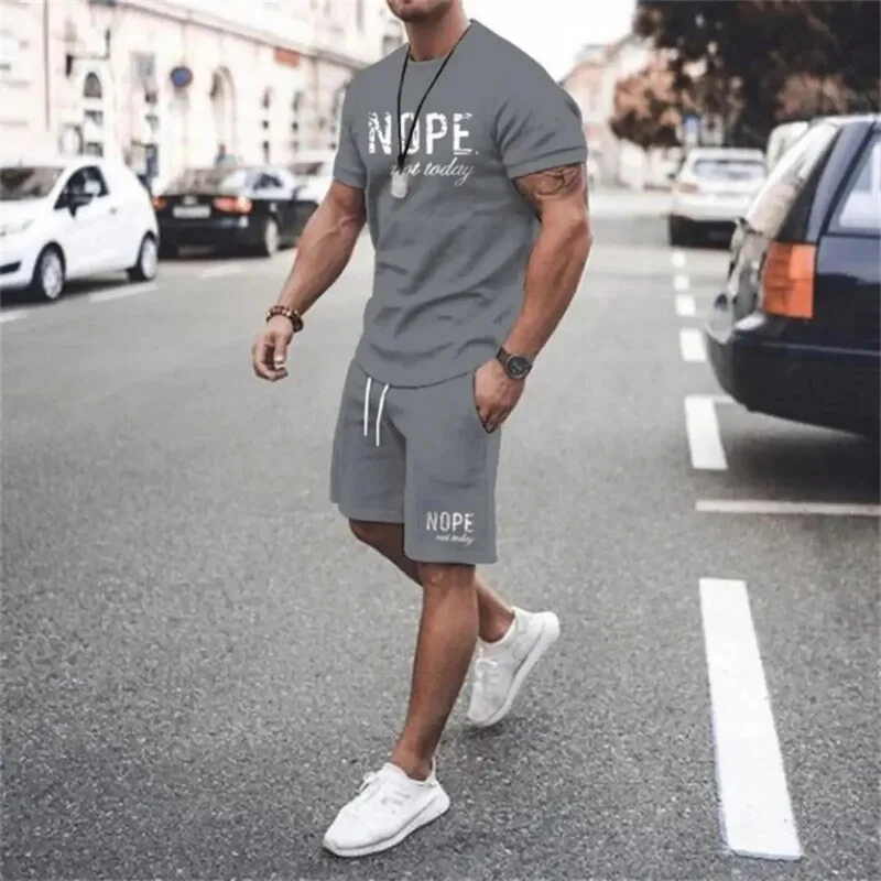Fashionable men's summer new letter printed breathable round neck T-shirt shorts set outdoor quick drying casual clothing