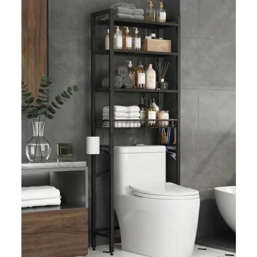 

Over the Toilet Storage Rack, 4-Tier Adjustable Bathroom Organizer Over Toilet with Storage Basket and 4 Hooks, Space Saving Sh