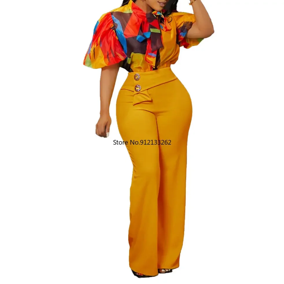 African Clothes for Women Summer Sexy African Women Short Sleeve Polyester Two Pieces Sets Shirts and Long Pant African Suit
