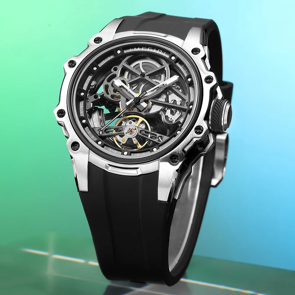 MEGIR 2243 Octagonal Skeleton Auto Watch Men Luminous Dial Stainless Steel Silicone Strap Pin Buckle Luxury Hollow Male Gift image 3