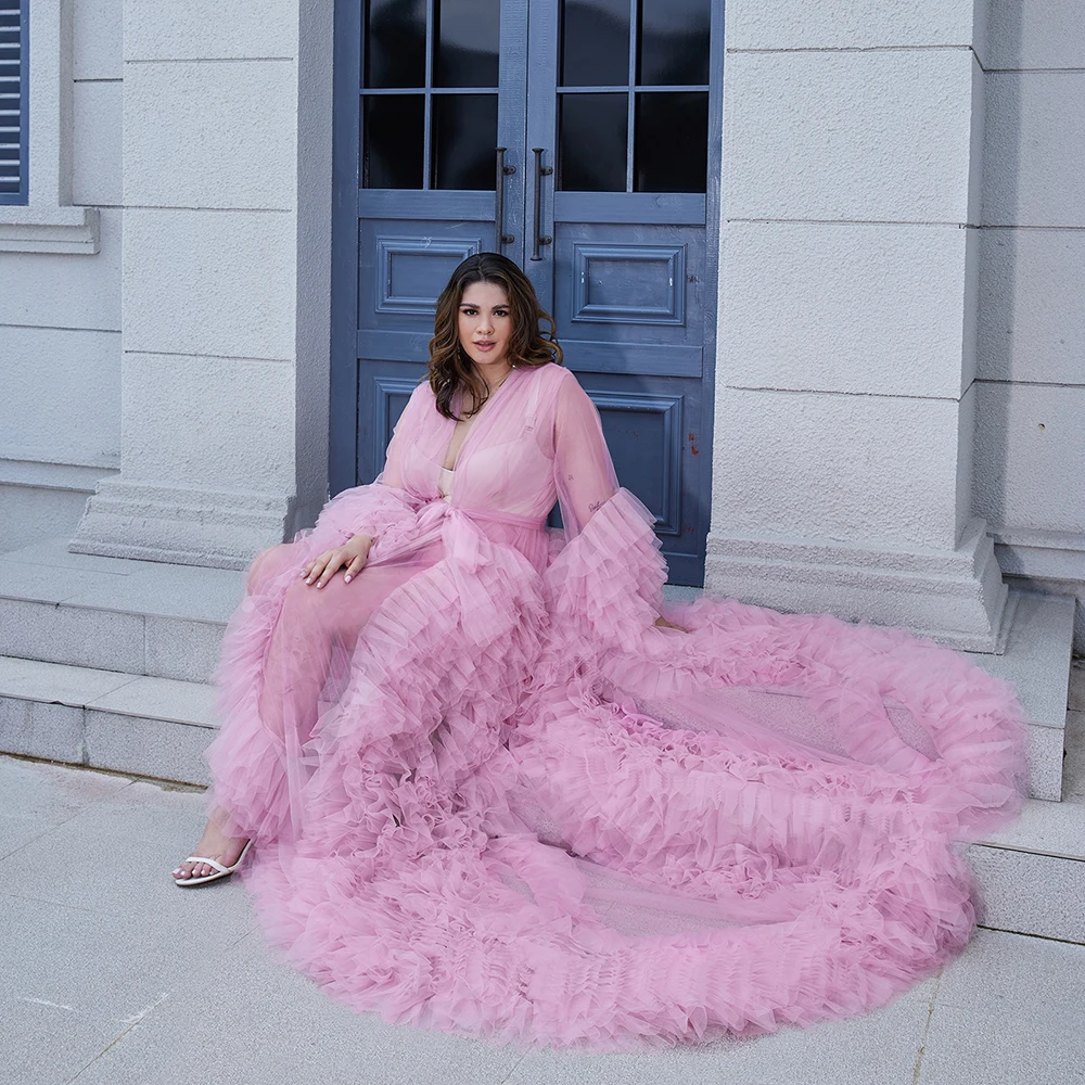 Illusion Tulle Pregnant Dresses V Neck Long Sleeve Photography Pregnancy Robes Sexy Ruffles Women Bathrobe Maternity Party Gowns