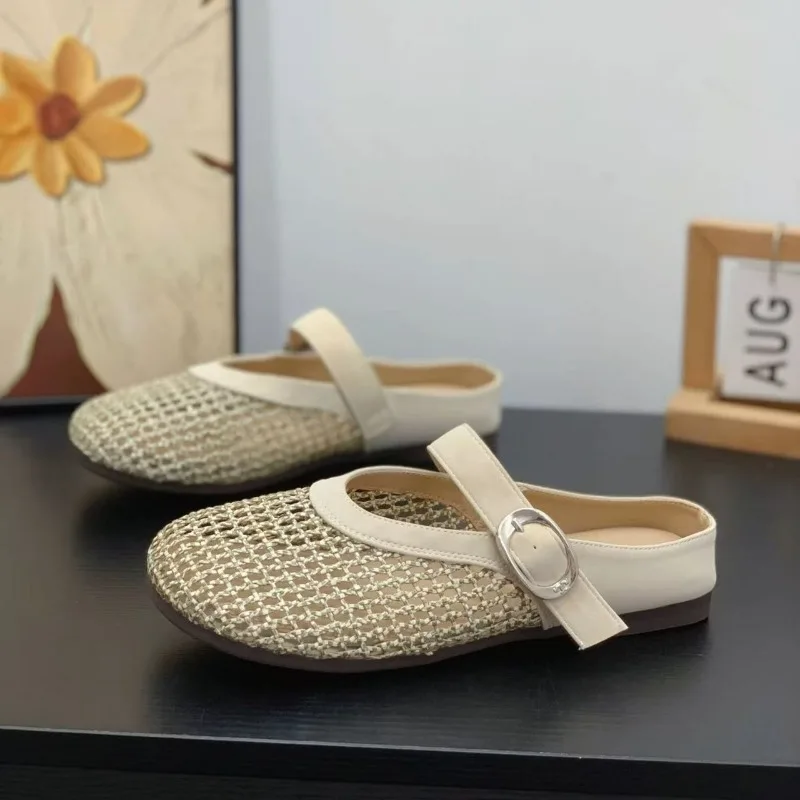 Woven Fishnet Hollow Toe Slippers for Women 2026 Summer New Roman Style Foot-showing Flat Shoes