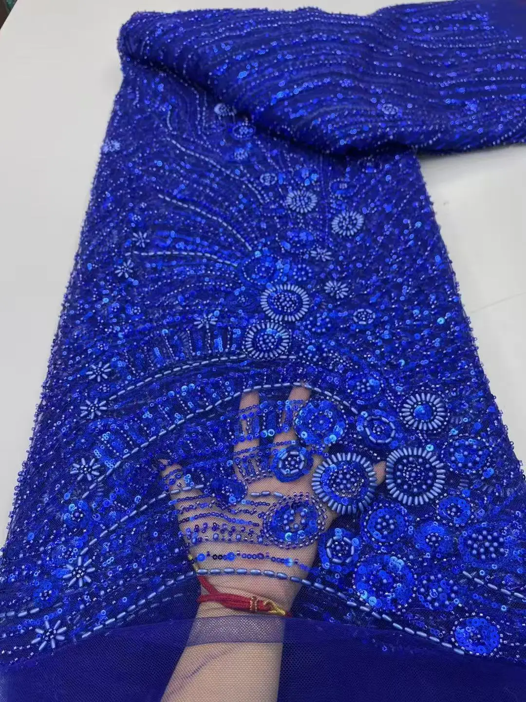 

Sky Blue Luxury Sequins Beads Embroidery Lace Fabric Suitable For Private Customized Wedding Dress Lace Fabric Dress Design