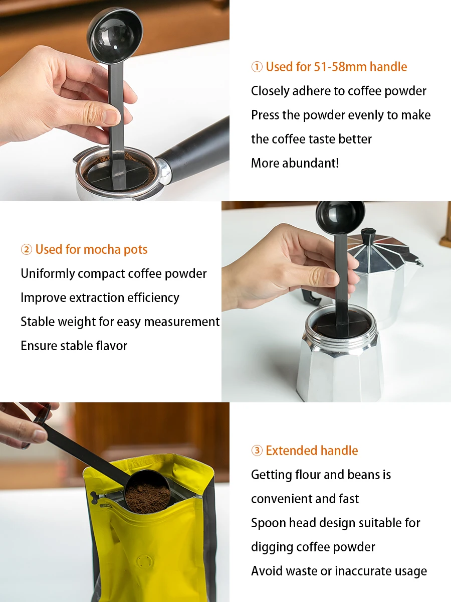 Schwarzer Kaffeelöffel mit langem Griff, multifunktionaler Kunststoff-Kaffeemess- und Tampierlöffel, Pulverlöffel, Kaffee-Küchenwerkzeug – Detail 2