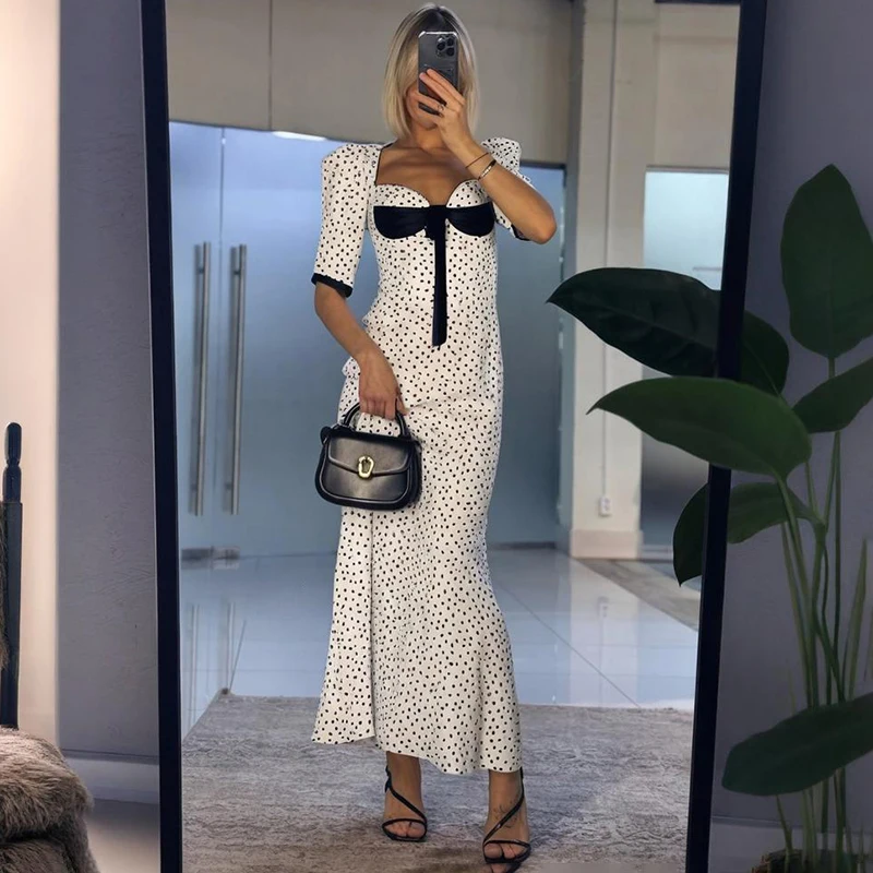 

Tornova Polka Dot Long Dress Women‘s Bow Tie Square Collar Slim Commuting High Waist Dress Female Evening Party Elegant Dresses