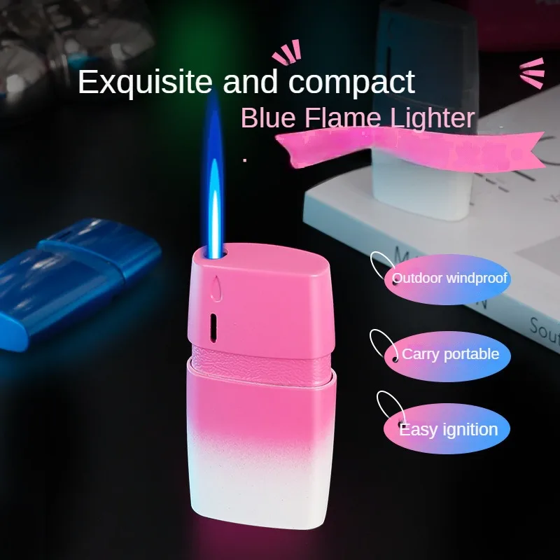 Mini Anti-fall Heat Dissipation Lighter Metal Convenient Direct Gas Blue Flame Lighter Kitchen Cigar Gas Stove Men's Gift