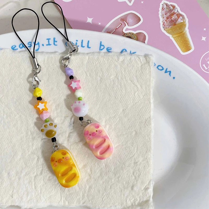 Kawaii Piggy Sandwich Cookies Phone Case Lanyard Cute Sweet Beaded Mobile Phone Chain Earphone Camera Pendant For Girl Gifts