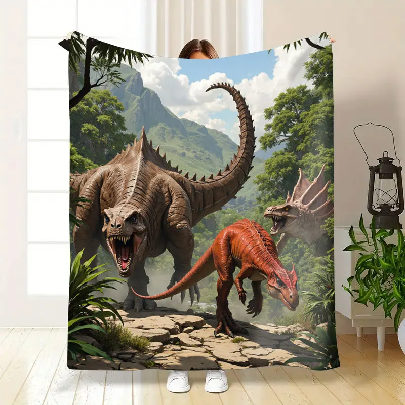 Manta de franela con estampado 3D de aventura de dinosaurio para decoración de habitación de niños, 1 ud.
