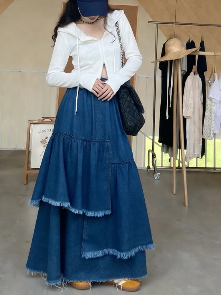 

Qiukichonson Maxi Long Skirt Women Jean Skirt Tassel Goth Vintage Spring Summer High Waisted Ruffle Asymmetrical Denim Skirt rok