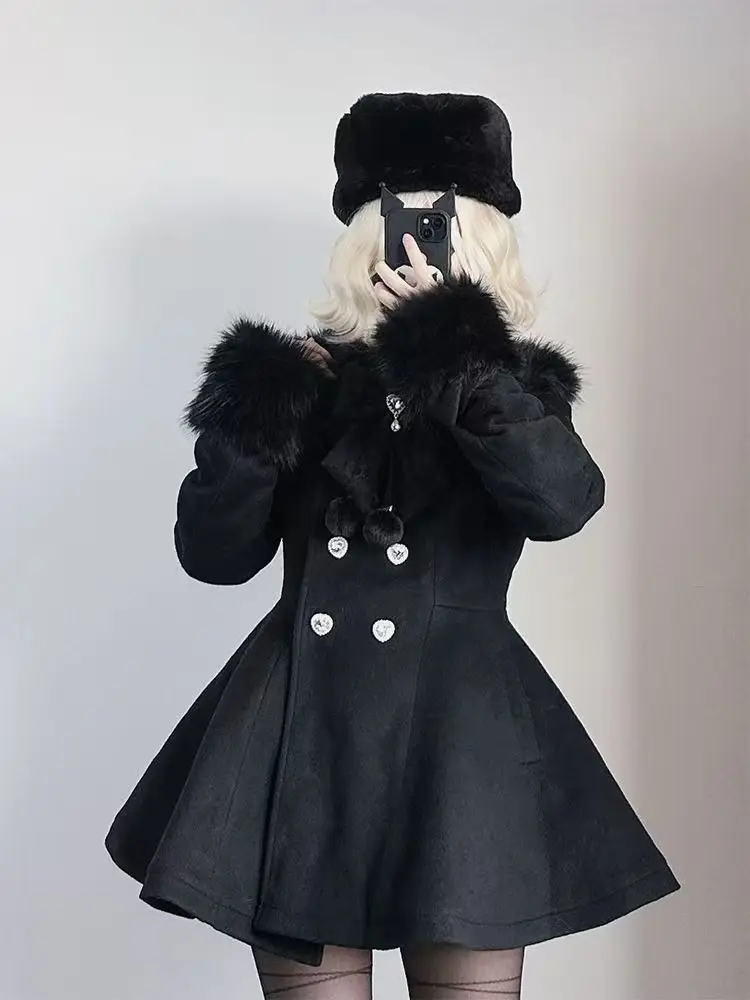 Zimowy, nowy, japoński, dopasowany płaszcz z długim rękawem, modny, elegancki, z futrzanym kołnierzem, koronkowy płaszcz damski, szykowny, słodki płaszcz z wełny.