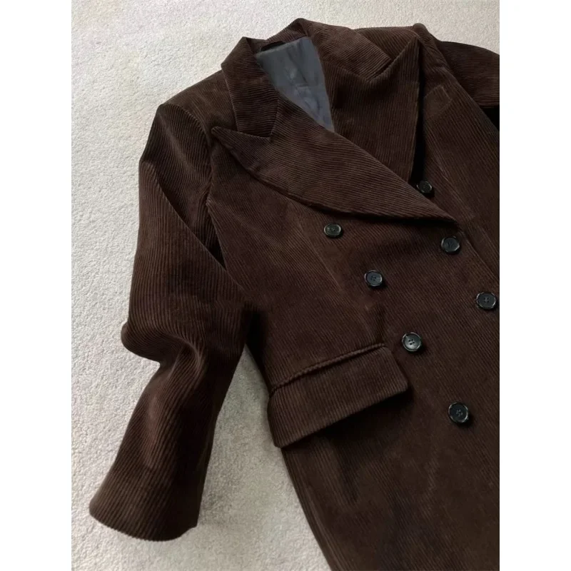 Kh@- Women Winter Jacket Corduroy Coat Blazer Dark Brown Turn-Down Collar Full Sleeve Classic Vintage Trench Warm