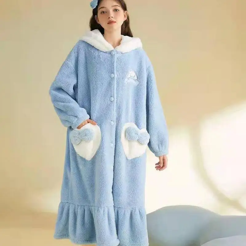 Sanrio Kit Thickening Hooded Robe Trousers Suit Kawaii Cinnamoroll Comic Fashion Student Go Out Keep Warm Pajamas Leisure Wear