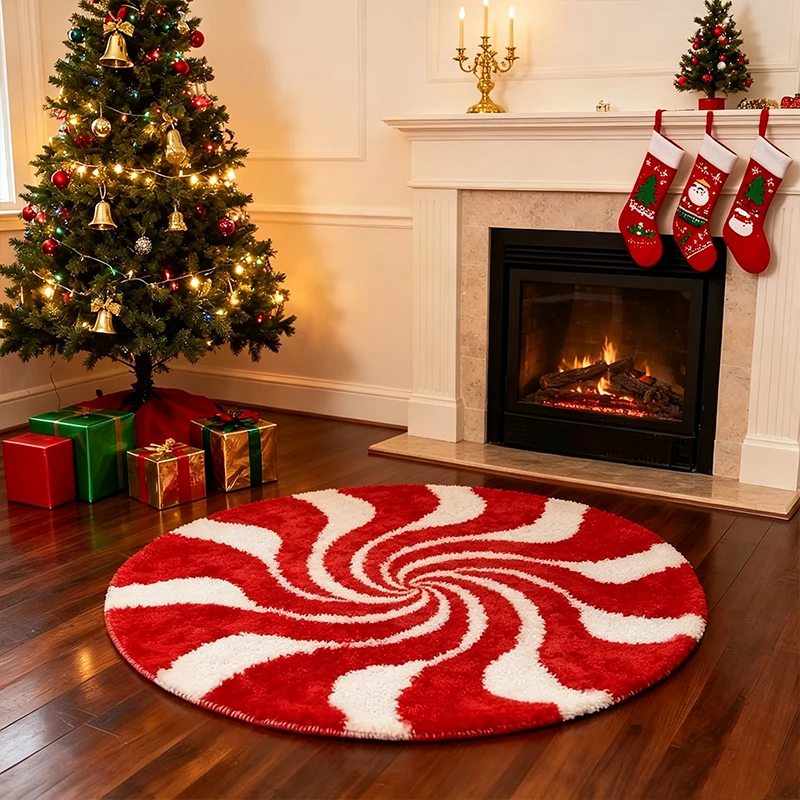 Living Room Floor Mat Soft Comfortable Faux Cashmere Carpet Christmas Red White Swirl Candy Round Rug Home Decoration Carpets