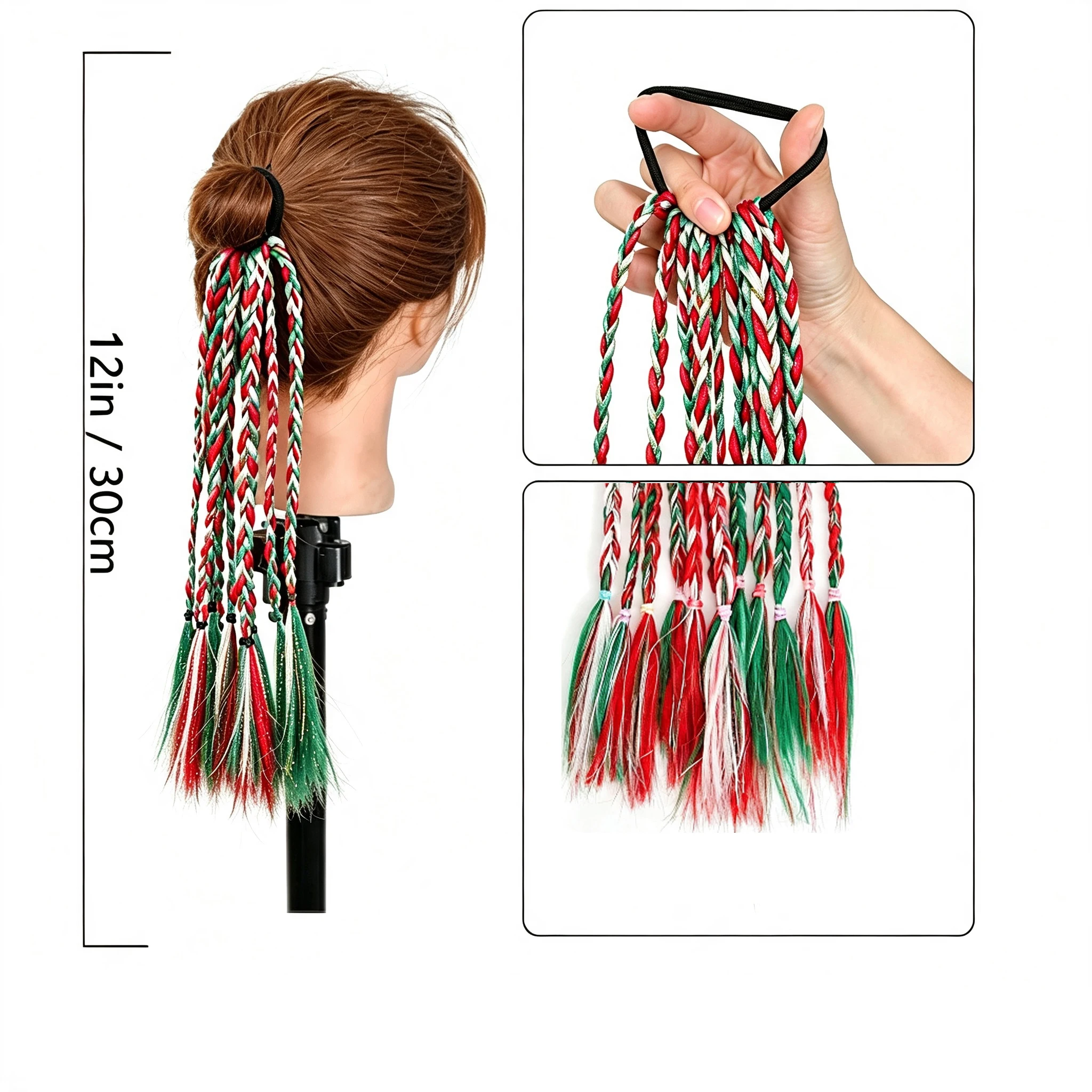 Holiday Wear Christmas Bow Braided Ponytail Extension, Colorful Small Braids Fake Ponytail, Xmas Party Cosplay Hair Accessory fo