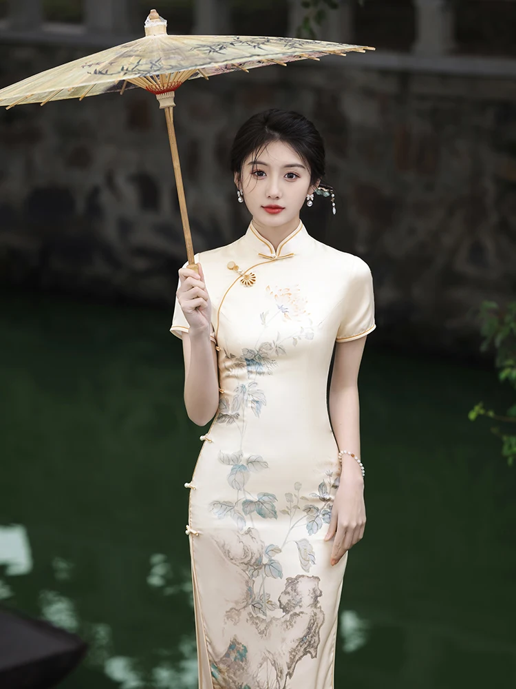 

Ele Young Sle Silk Dr Champagne Gold Slit New Chinese Retro Design ort Sve Women's Summer Dr