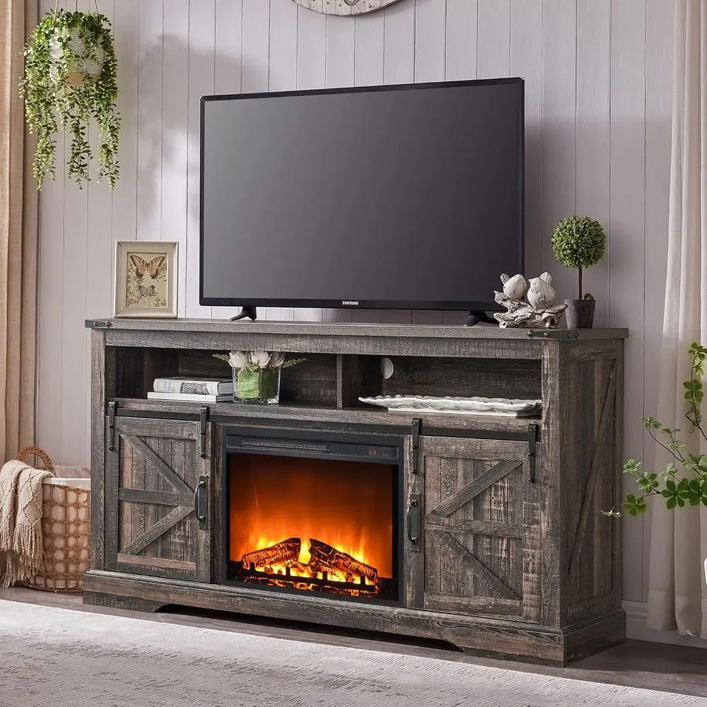 

65+ Inch TV Stand with 33 Highboy Entertainment Center and 23 Electric Fireplace, Rustic Media Cabinet with Sliding Barn Door
