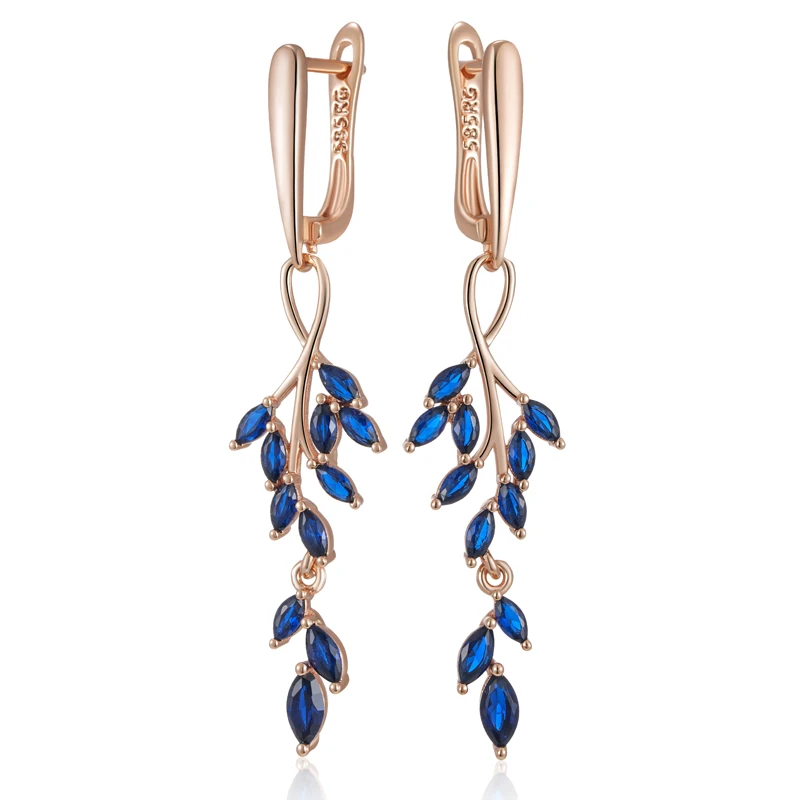 Kinel Full Blue Natural Zircon Leaf Shape Long Dangle Earrings For Women Fashion 585 Rose Gold Color High Quality Daily Jewelry