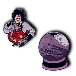 Edward Scissor Hands Brooch TimBurton Johnny Depp Goth Punk Film Sad Castle Snow Globe Crystal Ball Pin New HALLOWEEN Badge