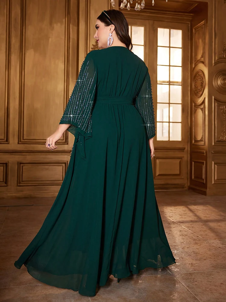 TOLEEN-Women Bead Bell Sleeve Belted Dress, Long Maxi Dresses, Luxury, Elegant, Formal, Arabian Party, Evening, Plus Size, 2024