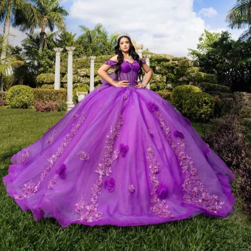 Purple Glitter Quinceanera Dresses Off Shoulder Ball Gown Sweet 16 Dress Applique Flower Beads Bow Tull Corset Birthday Vestidos