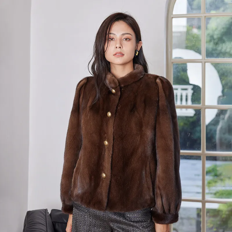 HDHOHR 2026 Nuevo Abrigo de Piel de Visón 100% Real para Mujer, Abrigo de Visón Natural Esencial de Moda, Chaqueta Corta de Cuero Cálida para Invierno