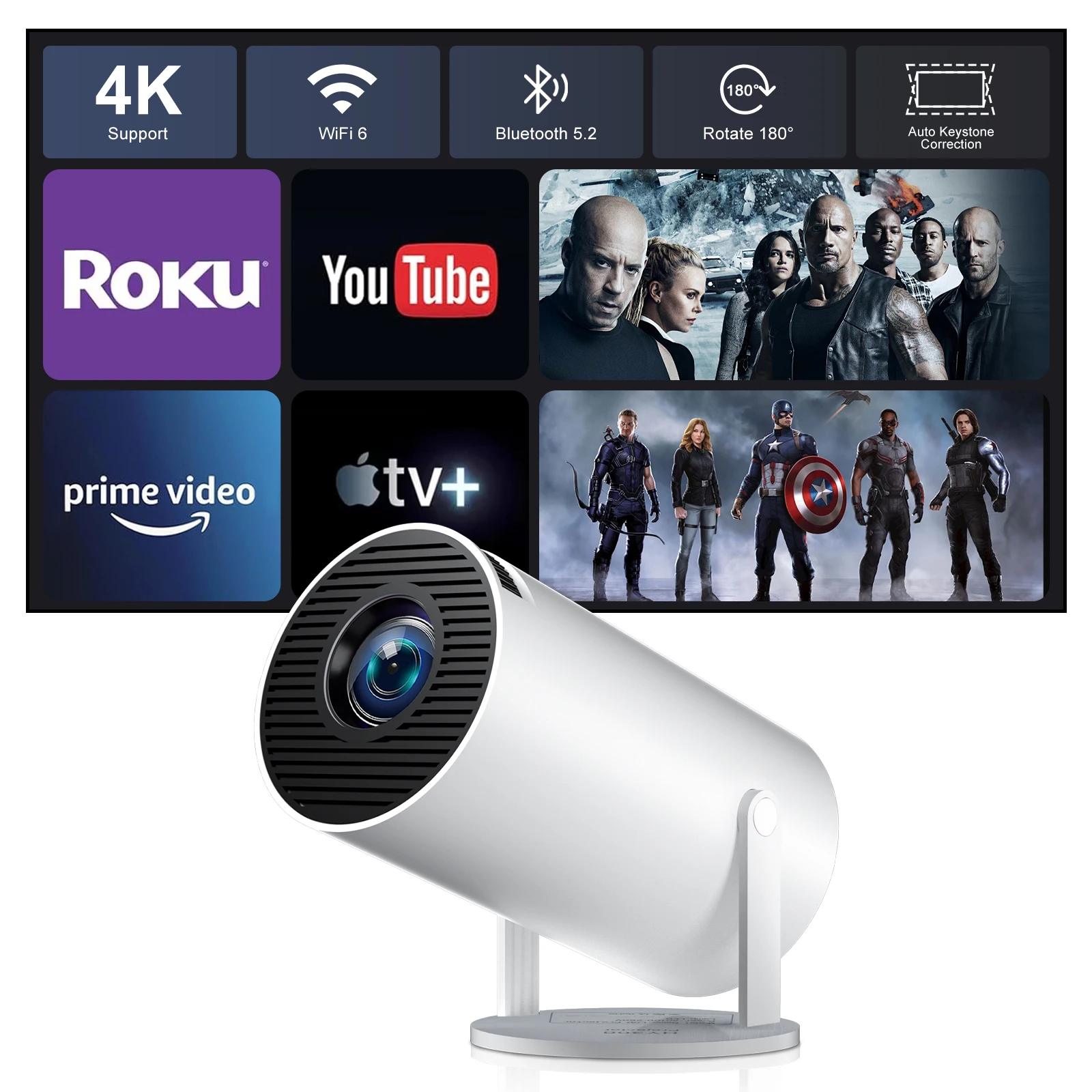 

Новый проектор HY300 Pro 4K Android 14.0 Wifi 6 300ANSI Allwinner H723 BT5.2 1080P 1280*720P для домашнего кинотеатра и улицы, портативный ﻿