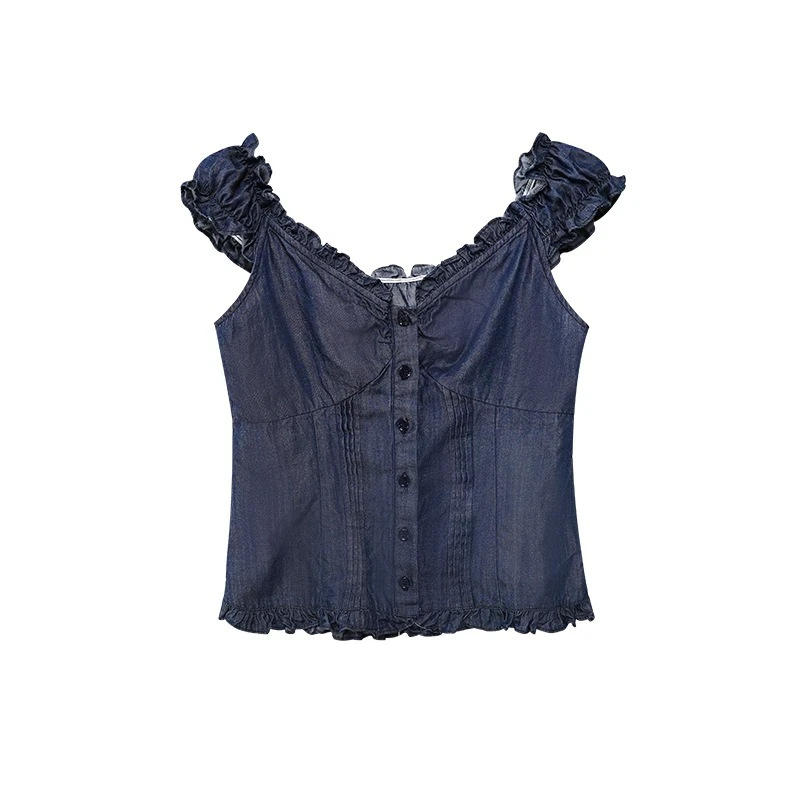 Summer Chic Shirt French Fungus Edge V-Neck Slim Top Femininity Fashion Comfortable Elegance High Quality Individuality