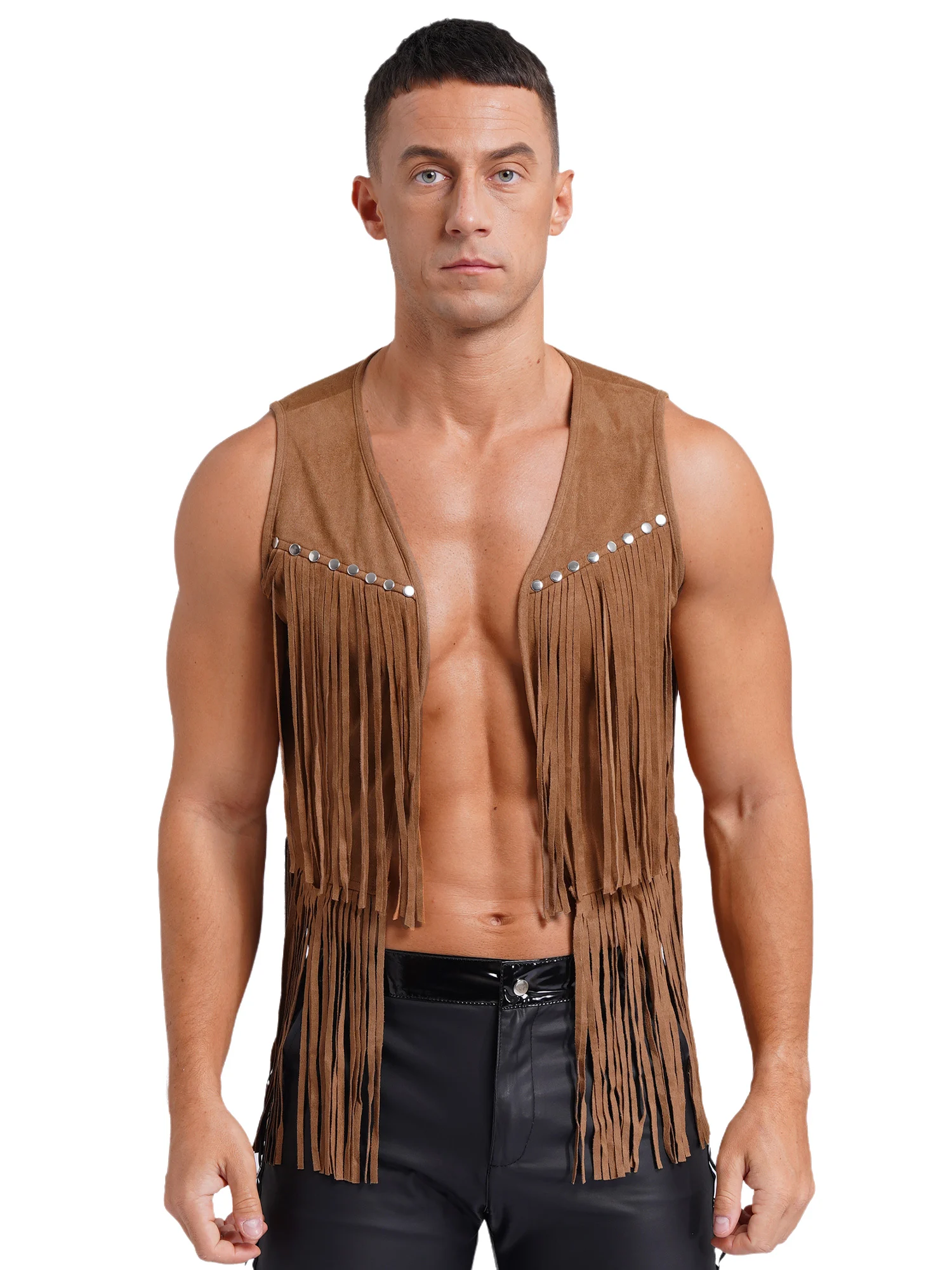

Men Halloween Party Cowboy Cosplay Tassel Vest with Stylish Cutout Chap Pants for Disco Hippie Cowboy Raves Club Dance Outfit