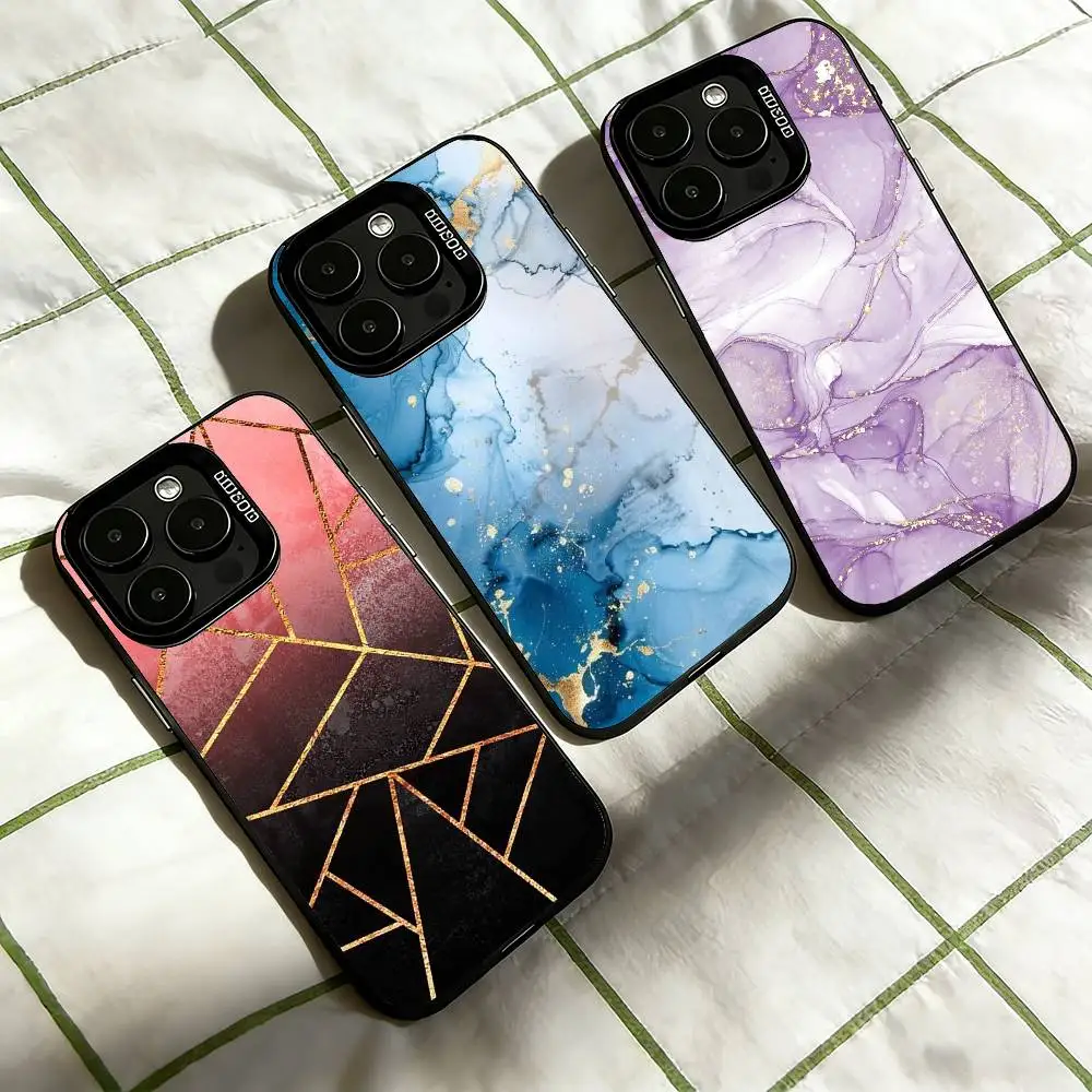 Fashion Geometric M-Marble Phone Case For iPhone 17,16,15,14,13,12,11 Plus,Pro Max,XS,Colored Silver Plated Inside Cover