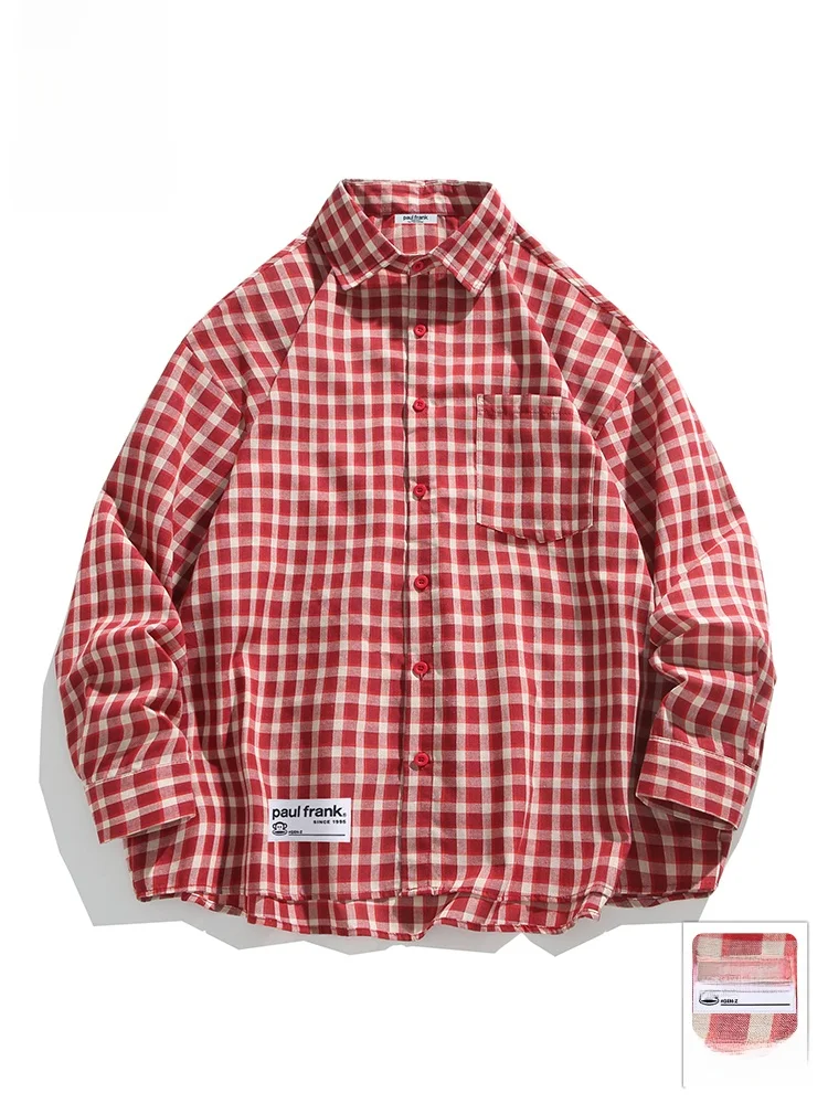 

PaulFrank Large-Mouth Monkey Red Plaid irt Men's Spring Trendy Design Couple's irt Jaet Loose Fit Casual Sle Polyeste...