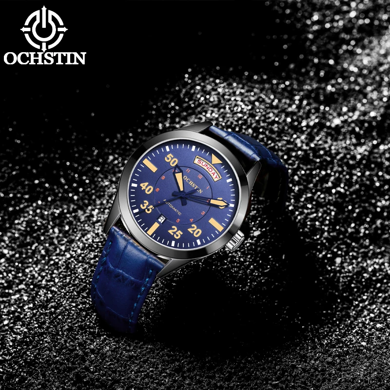 OCHSTIN, relojes de pulsera mecánicos para hombre, relojes de piloto militar, calendario doble, reloj automático resistente al agua de nailon para