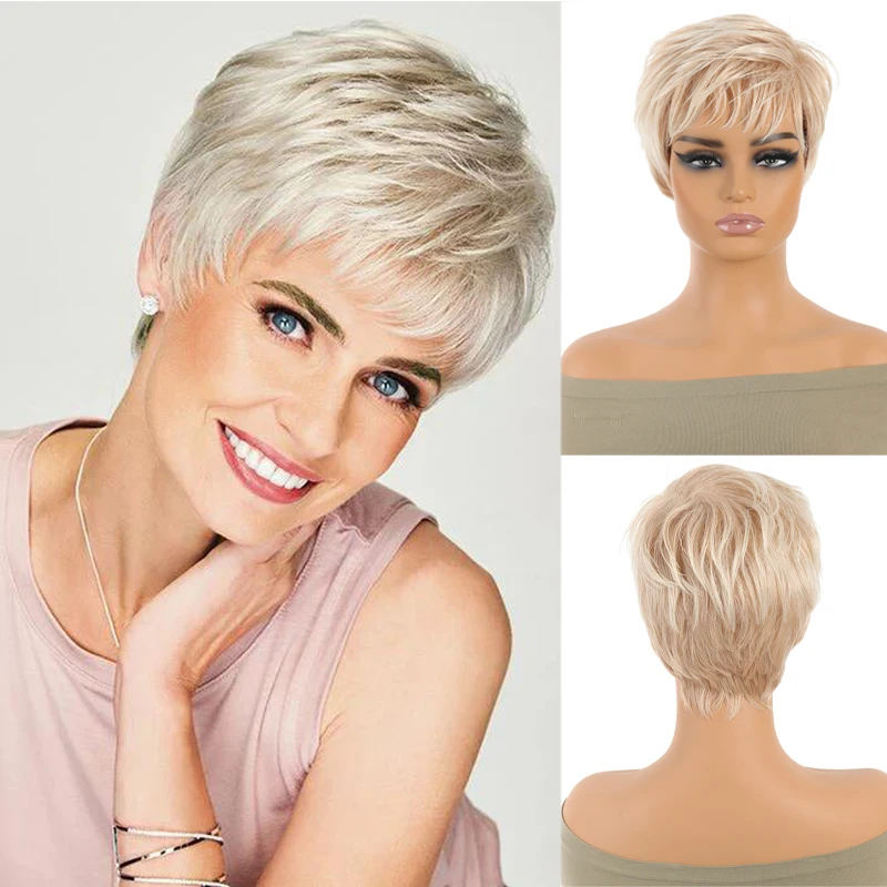 

Short hair platinum mixed color synthetic wig, natural daily hair color headwear