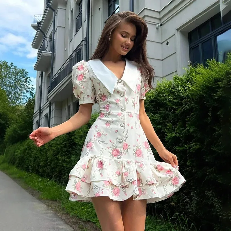 

Print Puff Sleeves Ruffled Dress Women's V-Neck High Waist Pearl Buttons Mini Dress Female Casual Vacation Fashion