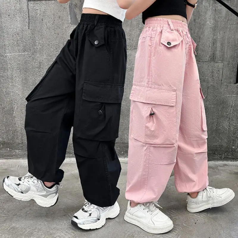 Mode Neue Sommer Kinder Fallschirm Cargo Hosen Für Kinder Teenager Sport Jogginghose Mädchen Street Style Hip Hop Hosen 5-14Y