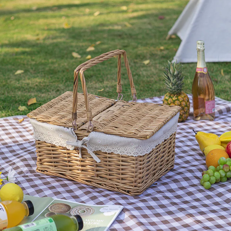 

Handheld Wier Basket Bamboo Woven Outdoor Picnic Fruit Basket with Lid Traditional Rural Sle op Basket Home Storage