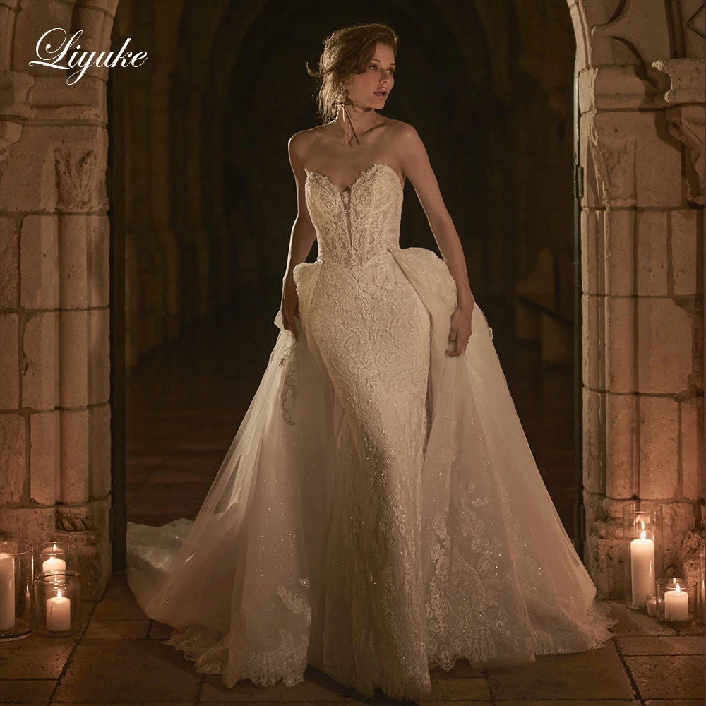 

Liyuke выполненное на заказ свадебное платье русалки с вышивкой бисером Robe De Marriage со съемным шлейфом 2 в 1, кружевное свадебное платье с трубой