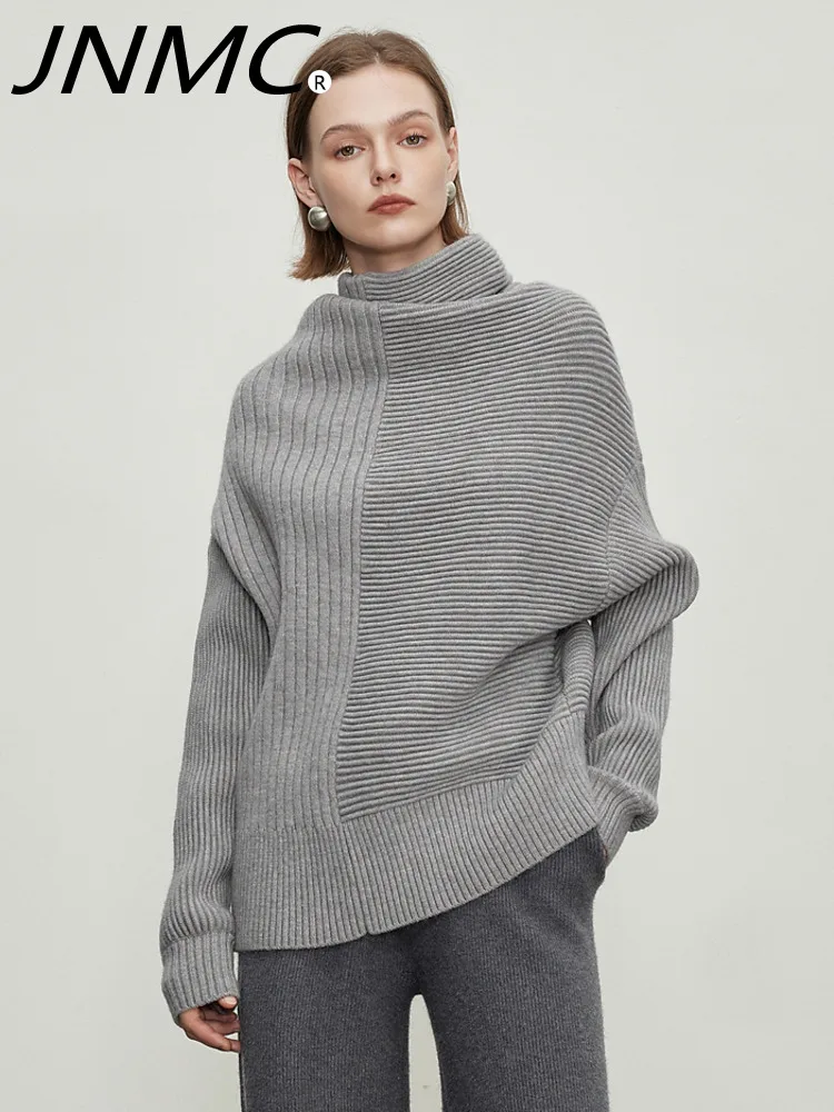 

JNMC Women's Gray Striped Sweater Asymmetrical Minimalist High Design Turtleneck Jumper 2024 Autumn/Winter Sweater Base Warm Top
