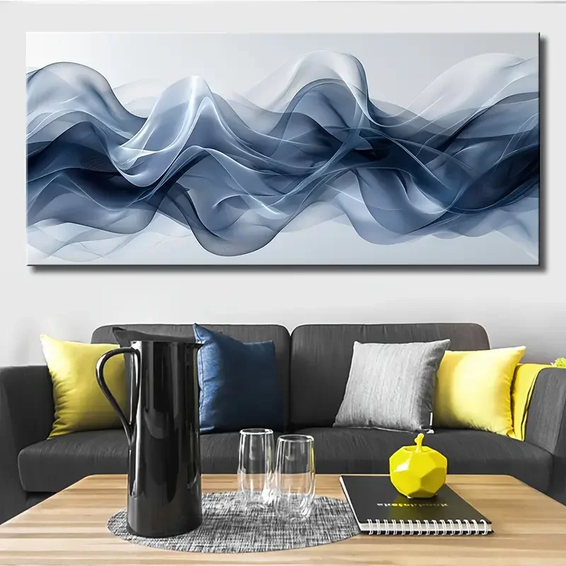Modern Abstract Wave Canvas Wall Art - Blue & White Fluid Design, Solid Pine No Frame (1.5