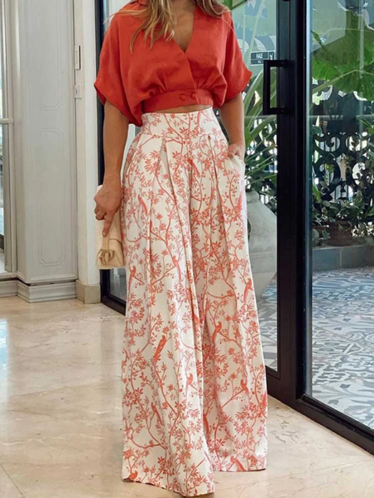 Hoge taille bedrukte broek met wijde pijpen Street Sle Casual broek Lange broek Faionable Eenvoudig ontwerp Zomercollectie