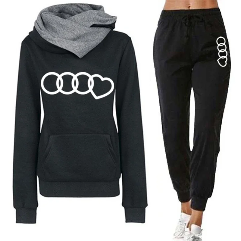 

Autumn Winter Womens Tracksuit Fashion Double Neck Hooded Sweatshirts Suit Sports Jogging Casual Clothing Street Warm Pants Set