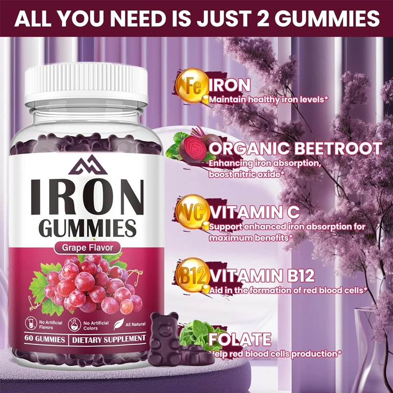 Iron supplements for women and men, containing vitamin C,B12, folate hematopoietic agents, and iron deficiency energy 60 gummies